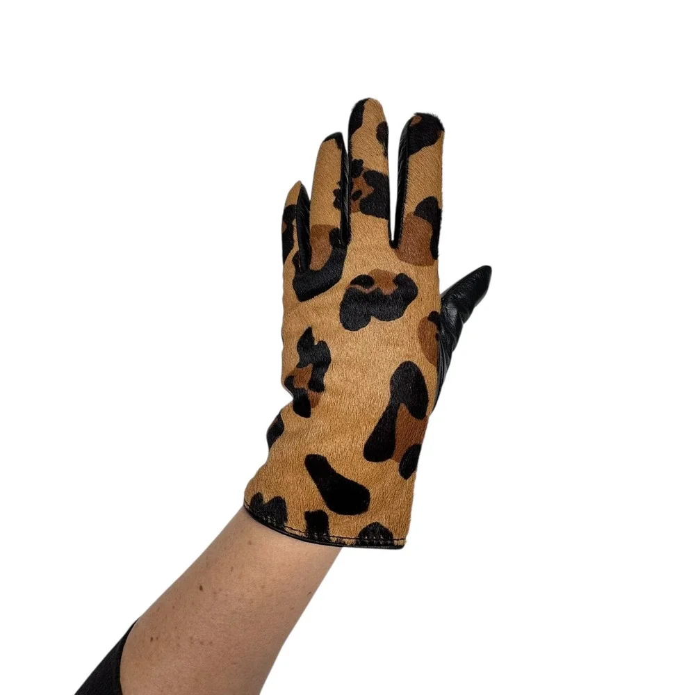 New Chicos Black Label Leopard Gloves‎ S Black Leather Pony Hair Mob Wife Chic